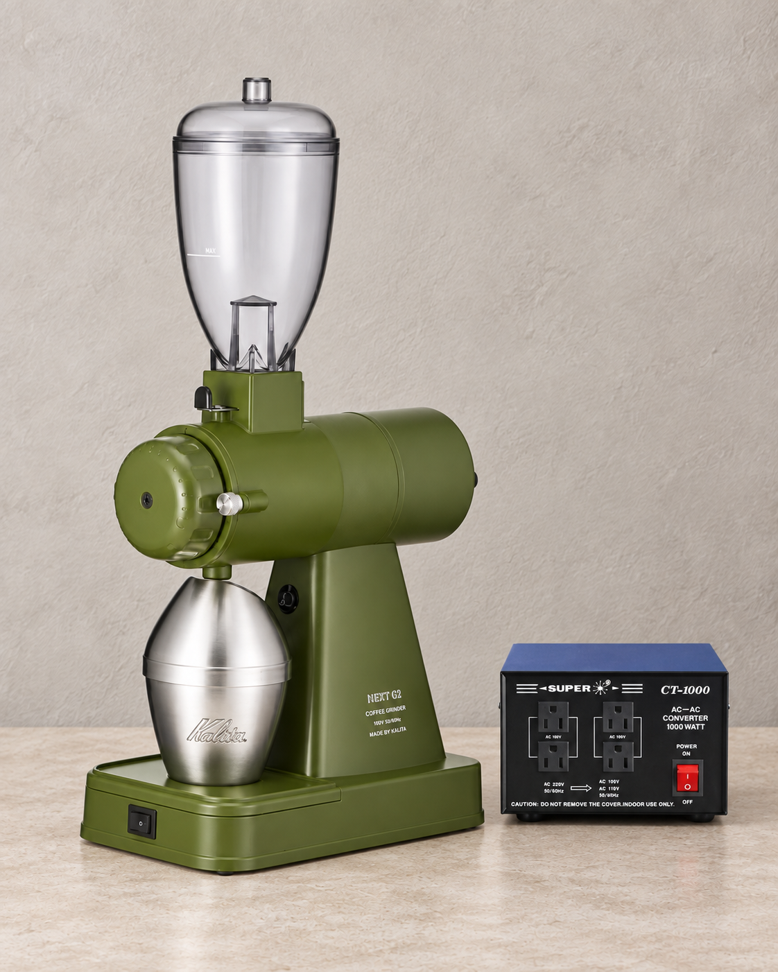Kalita NEXT G2 專業電動磨豆機｜AC100V 50/60Hz（日本電壓） / 軍綠色 / 機身及變壓器（香港使用 220V輸出至100V，1000W)