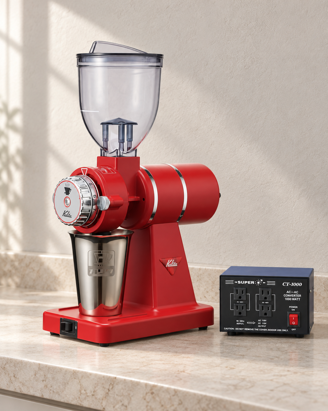 Kalita Nice Cut G 電動磨豆機｜AC100V 50/60Hz（日本電壓） / 紅色 / 機身及變壓器（香港使用 220V輸出至100V，1000W)