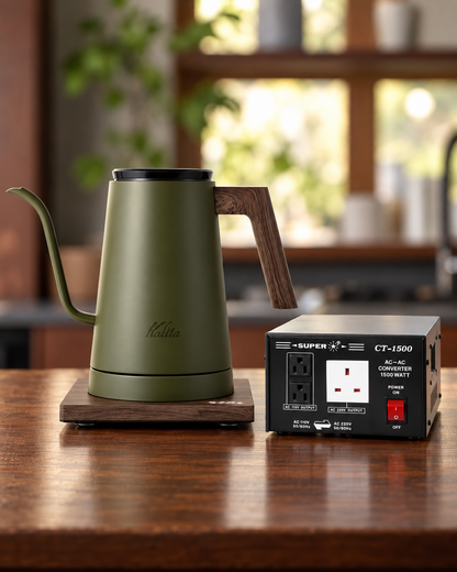 Kalita KEDP-600 精準電子溫控壺 (600ml)｜AC100V 50/60Hz（日本電壓） / 卡其色（綠色） / 機身及變壓器（香港使用 220V輸出至100V，1500W)