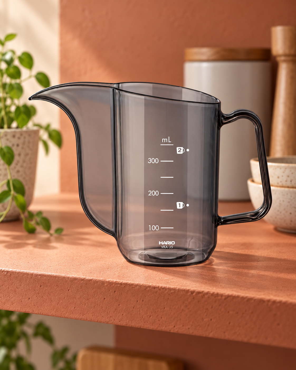 HARIO V60 Drip Kettle Air 透明注水壶，摆放在陶土色厨房层架上