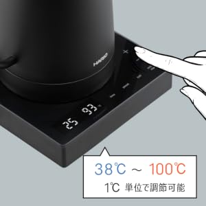 HARIO Lyra 底座溫度調節按鍵與38–100°C設定示意