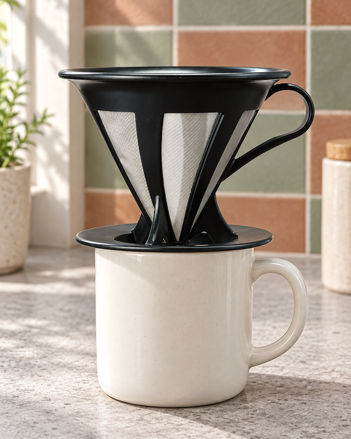 HARIO Cafeor 金屬濾網咖啡濾杯彩色磁磚廚房場景圖