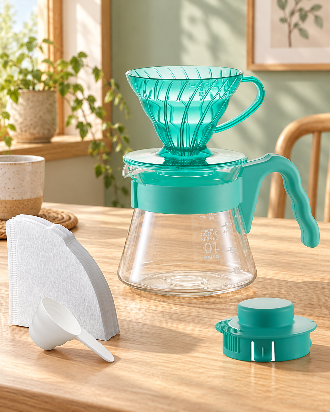 HARIO V60 Color Brew 薄荷微風手沖套裝置於明亮木桌場景