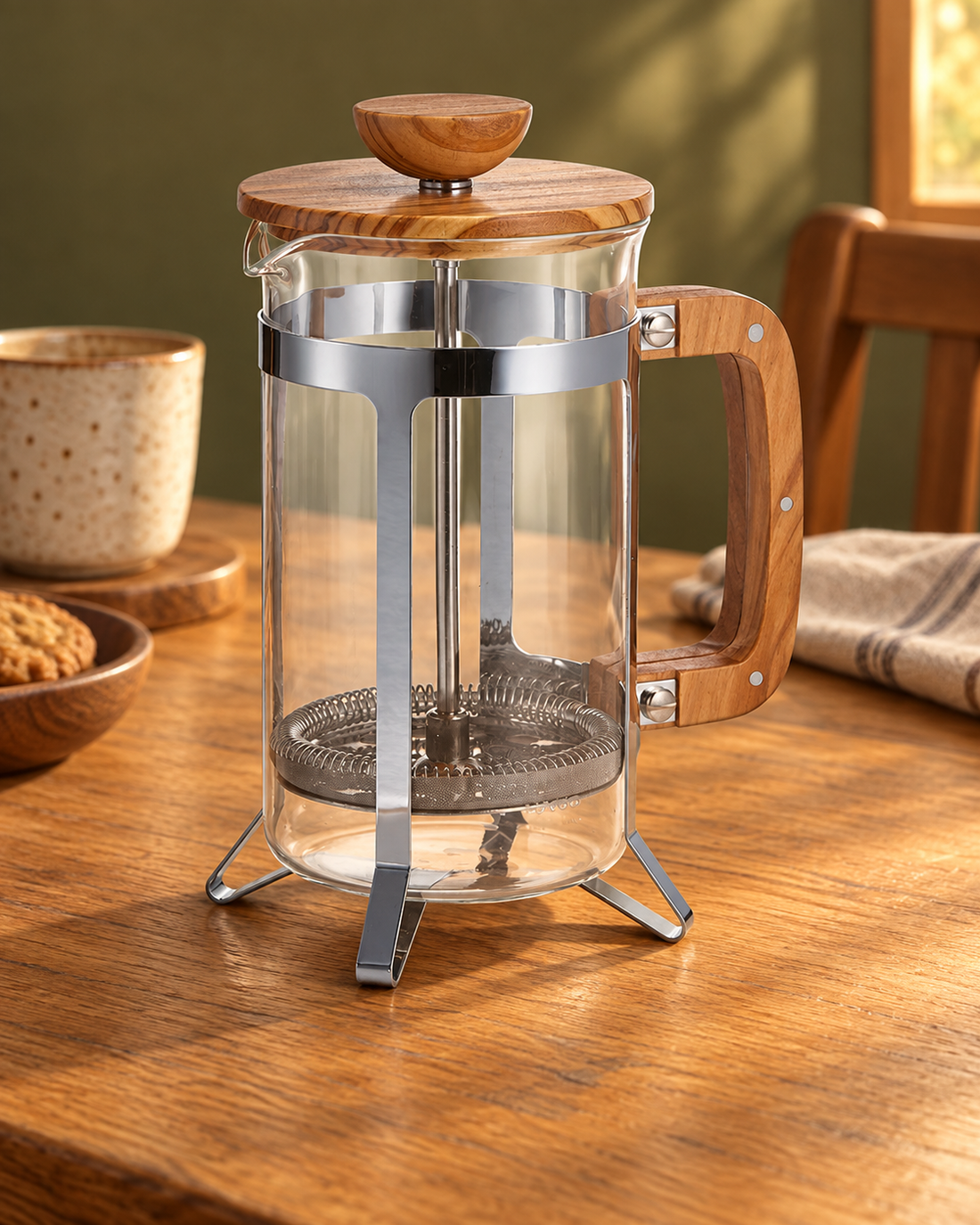 HARIO Cafe Press Wood 600mL 暖木餐桌場景圖