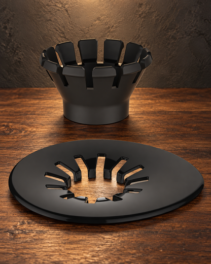 HARIO V60 SUIREN black Ring Set components on a dark wooden workbench