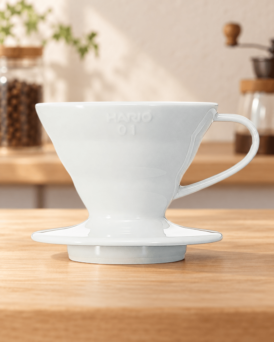 HARIO V60 陶瓷咖啡濾杯 01 白色款置於明亮日式咖啡空間