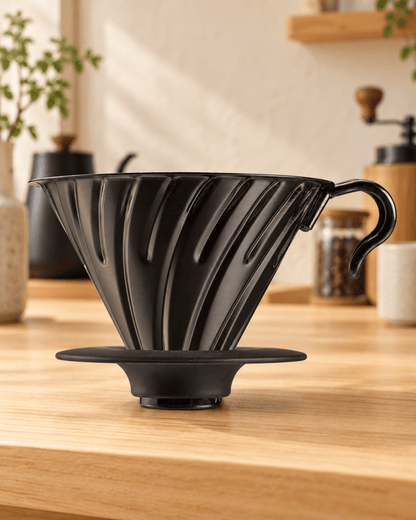 HARIO V60 不鏽鋼咖啡濾杯 02 霧黑款置於明亮日式咖啡空間
