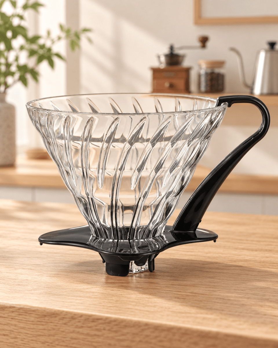 HARIO V60 耐熱玻璃咖啡濾杯 03 黑色款置於明亮日式咖啡空間