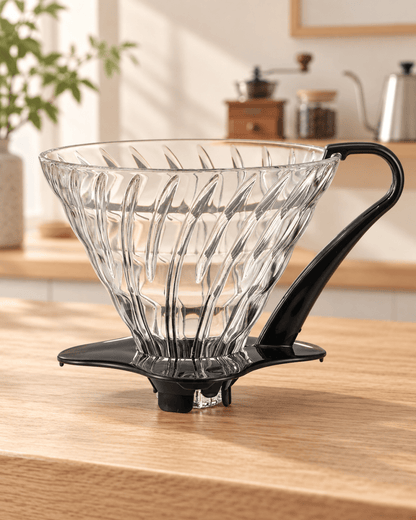 HARIO V60 耐熱玻璃咖啡濾杯 03 黑色款置於明亮日式咖啡空間