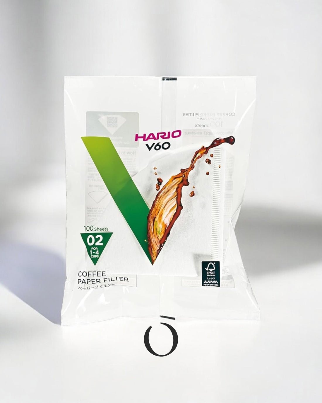 HARIO V60 02 coffee filter package with 100 sheets, featuring green gradient logo and coffee splash design, FSC certified, for 1-4 cups brewing