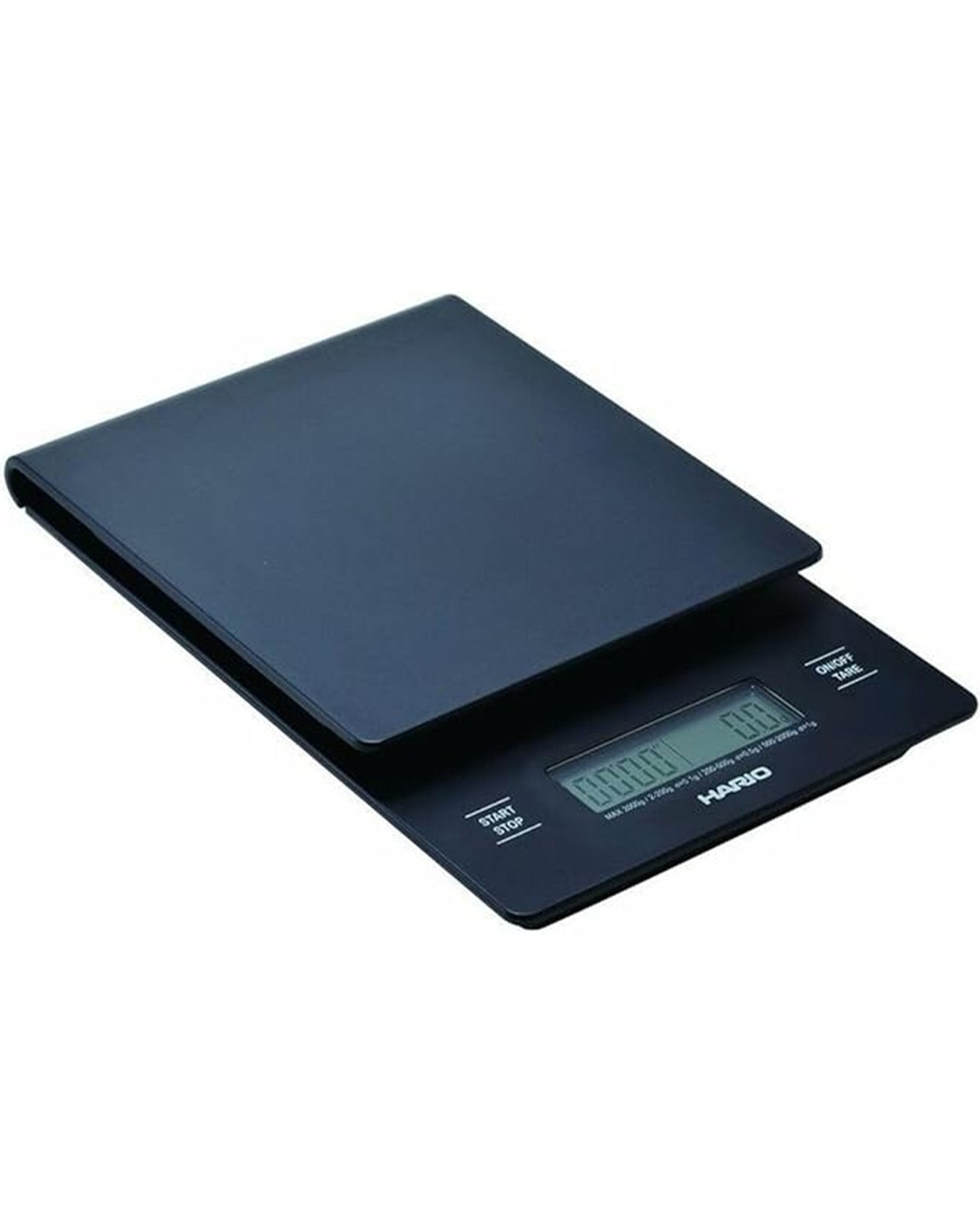 HARIO V60 digital coffee scale, black, compact design with LCD display, precise measurement up to 2000g, built-in timer, ideal for pour-over brewing