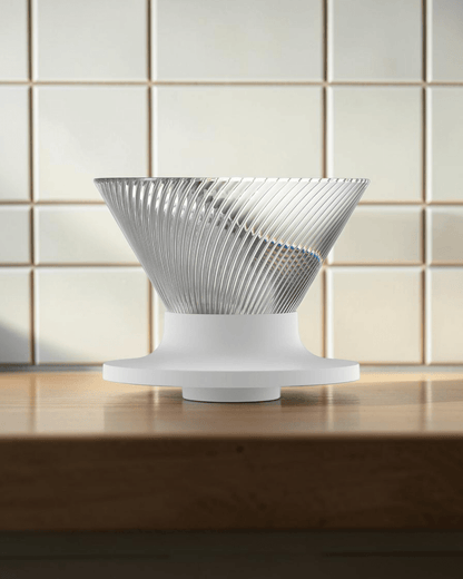 HARIO V60 NEO 01 clear pour-over coffee dripper on a Japanese-style coffee brewing counter, cover image candidate