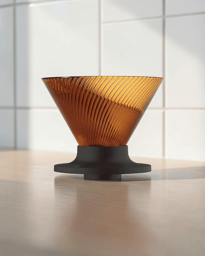 HARIO V60 NEO 02 amber pour-over coffee dripper on a Japanese-style coffee brewing counter, cover image candidate