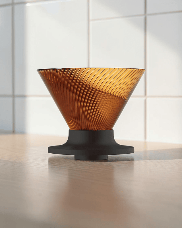 HARIO V60 NEO 02 amber pour-over coffee dripper on a Japanese-style coffee brewing counter, cover image candidate