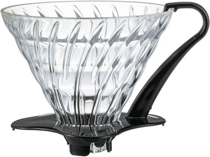 HARIO V60 耐熱玻璃咖啡濾杯 03 黑色款，透明大容量錐形玻璃配黑色手柄支架