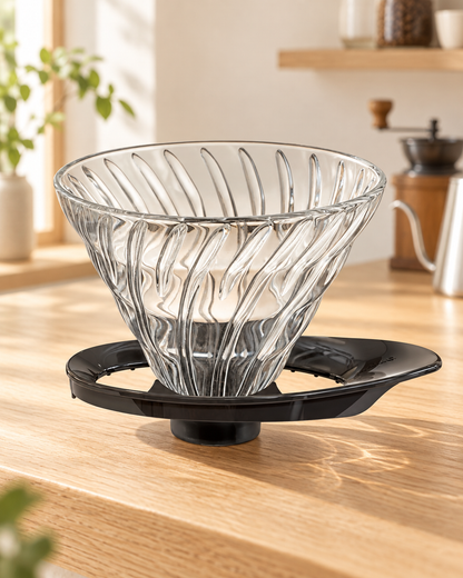 HARIO V60 耐熱玻璃咖啡濾杯 02 黑色款置於明亮日式咖啡空間