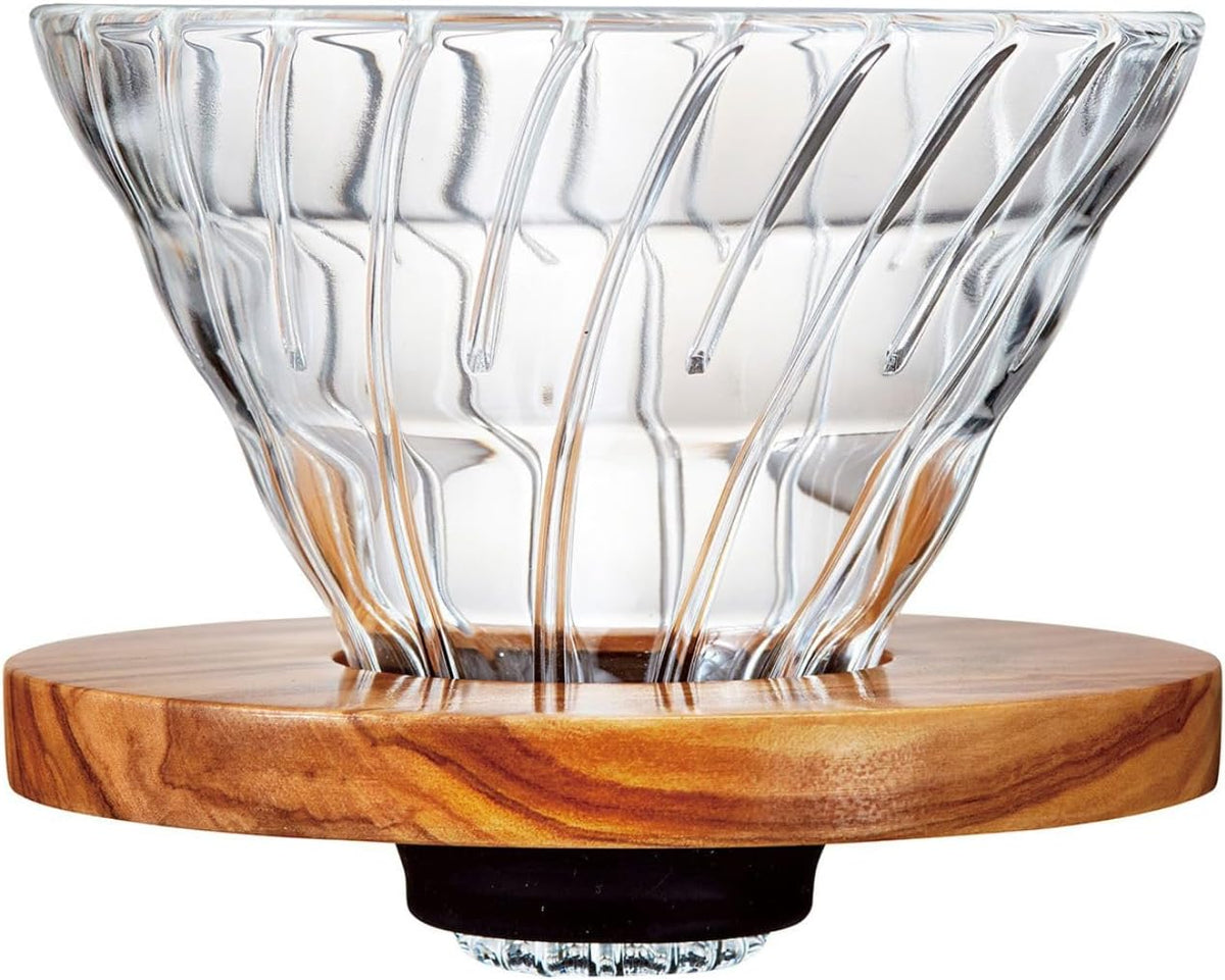 HARIO V60 耐熱玻璃咖啡濾杯 02 橄欖木款，透明錐形玻璃配天然木紋支架