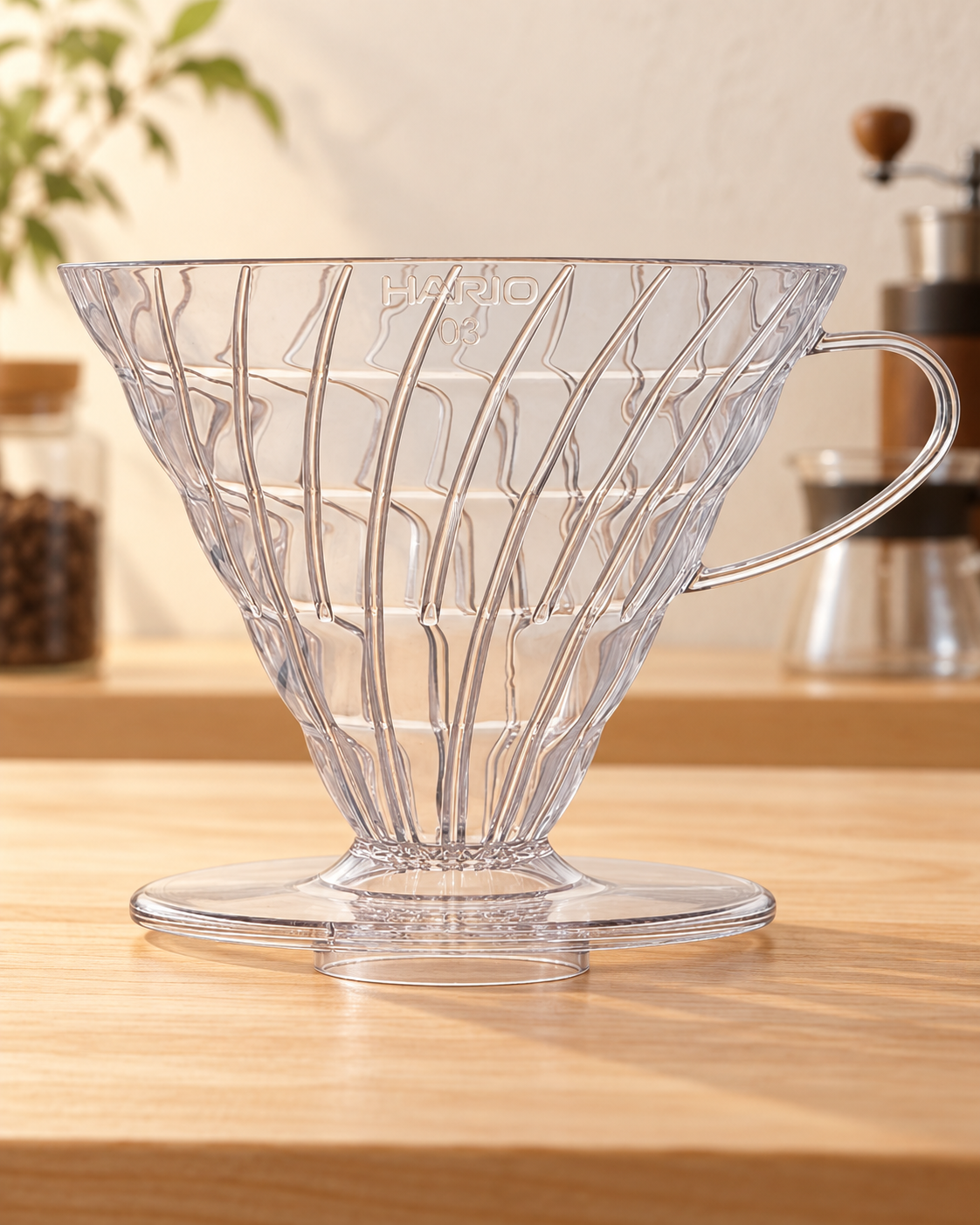 HARIO V60 樹脂咖啡濾杯 03 透明款置於明亮日式咖啡空間