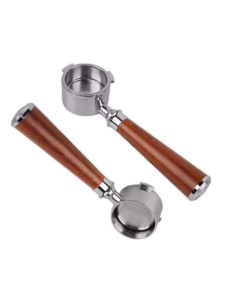 IKAPE Espresso bottomless portafilter with stainless steel body and wooden handle, available in 51/54/58mm sizes, compatible with various espresso machines for improved extraction and flavor