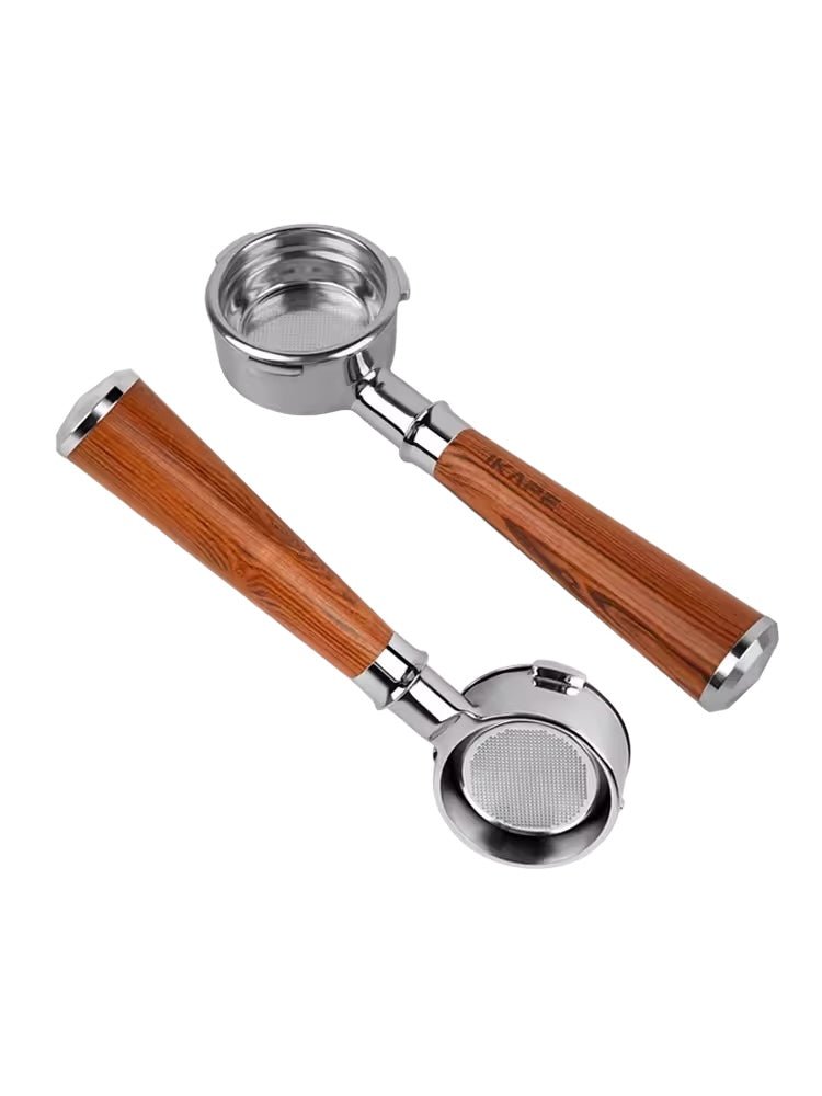 IKAPE bottomless portafilters with stainless steel baskets and wooden handles for espresso machines, available in 51mm, 54mm, and 58mm sizes, suitable for various coffee maker brands