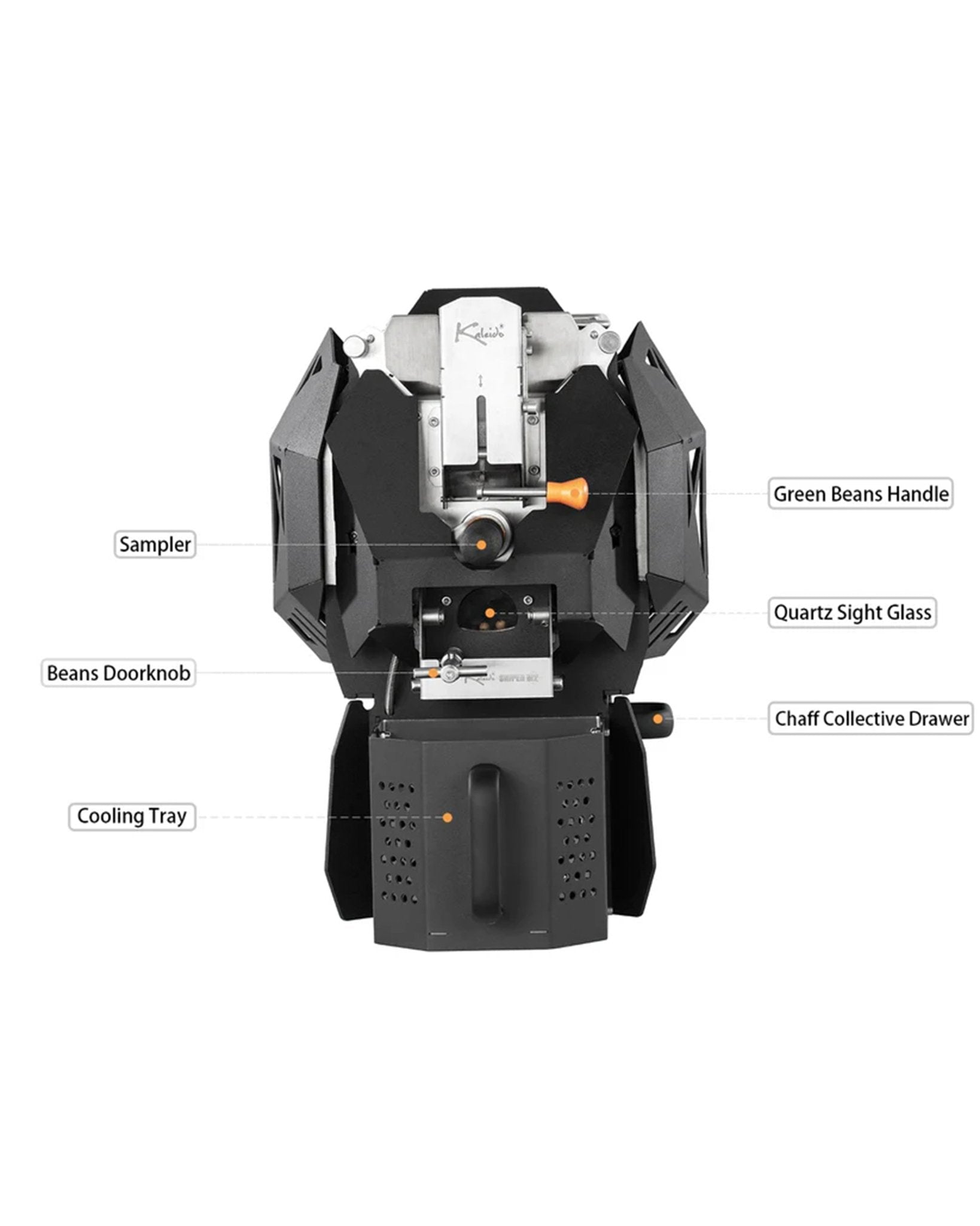 KALEIDO M2/M2S coffee roaster machine with labeled components including sampler, beans doorknob, cooling tray, green beans handle, quartz sight glass, and chaff collective drawer, showcasing its professional design and features.