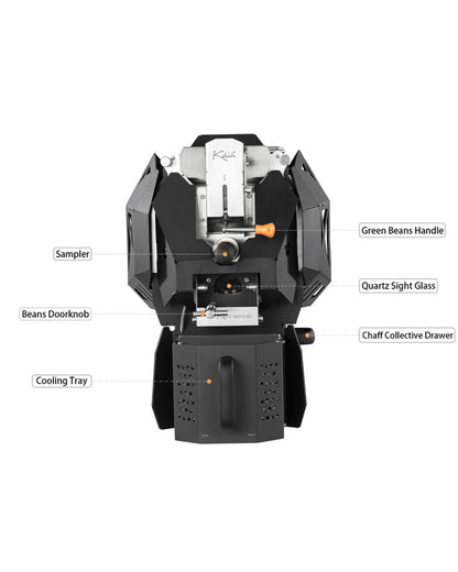 KALEIDO M2/M2S coffee roaster machine with labeled components including sampler, beans doorknob, cooling tray, green beans handle, quartz sight glass, and chaff collective drawer, showcasing its professional design and features.