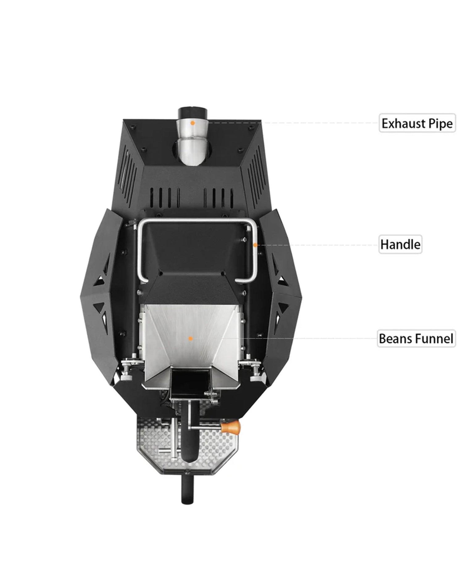 KALEIDO M2/M2S coffee roaster internal view showing exhaust pipe, handle, and beans funnel components, highlighting professional-grade design for home and small commercial use