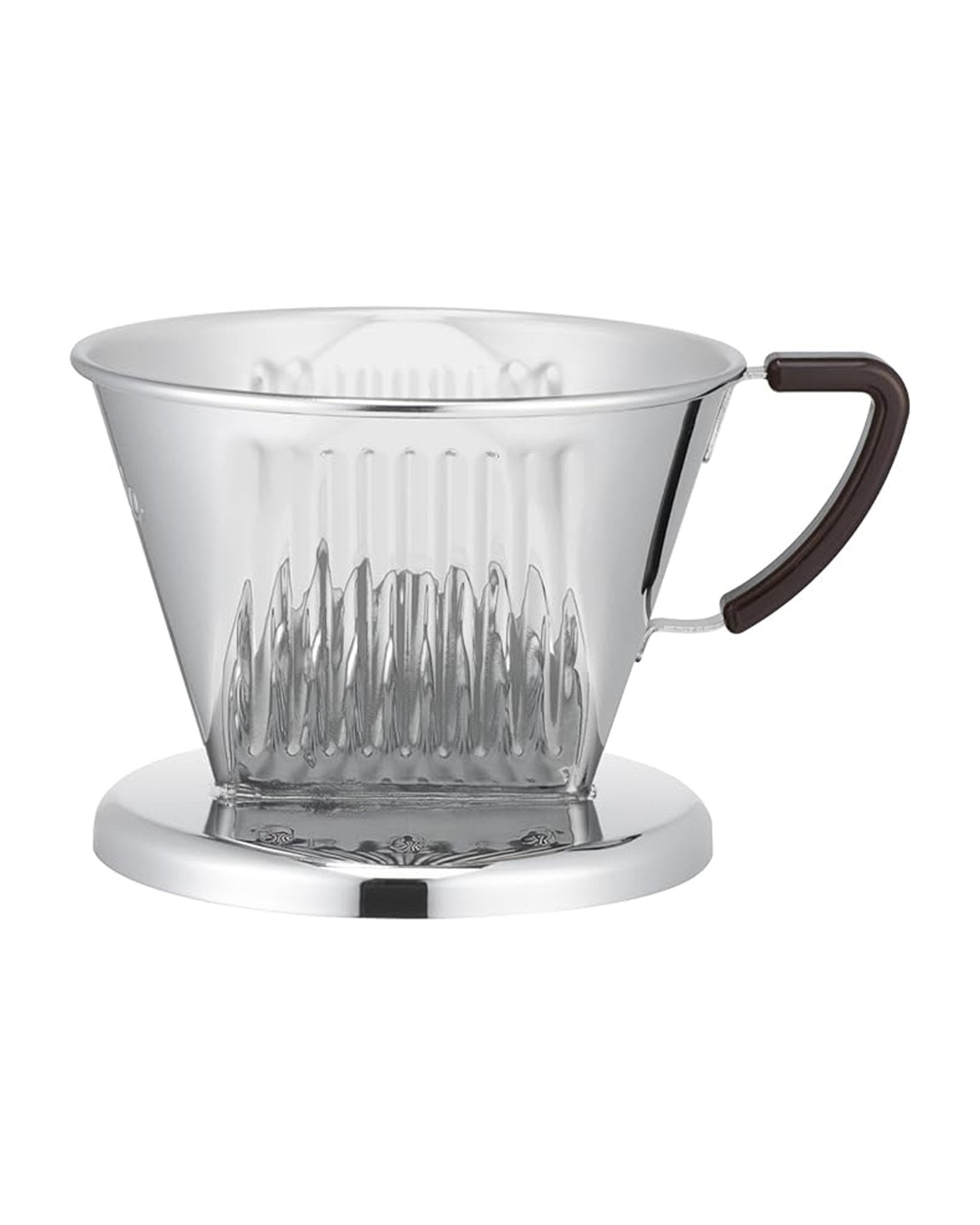 Kalita stainless steel coffee dripper with three-hole design, ribbed interior, and brown handle, sitting on a circular base, designed for pour-over brewing method