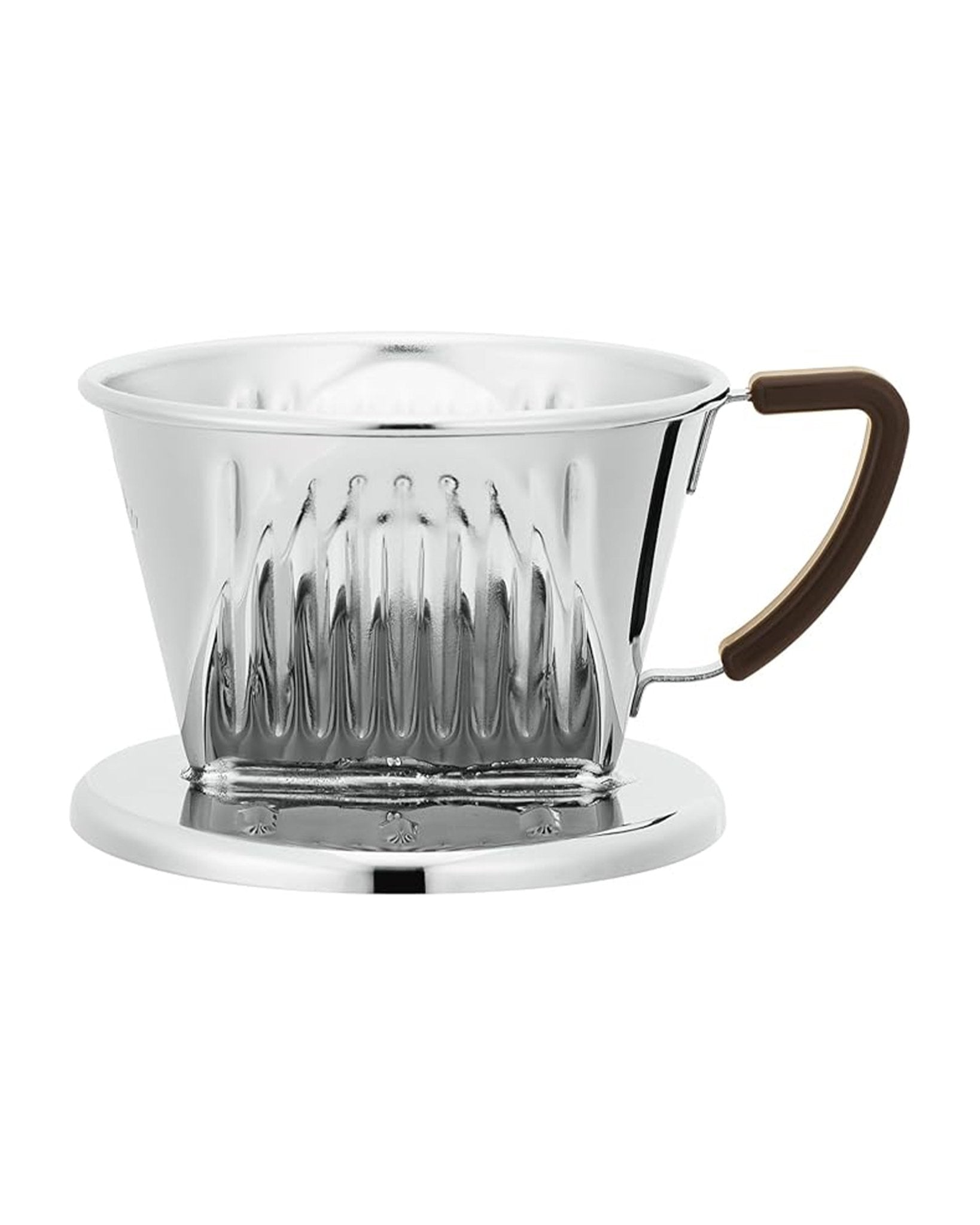 Kalita stainless steel pour-over coffee dripper with ribbed interior, brown handle, and flat bottom plate. Conical shape for optimal brewing. Designed for manual coffee preparation.