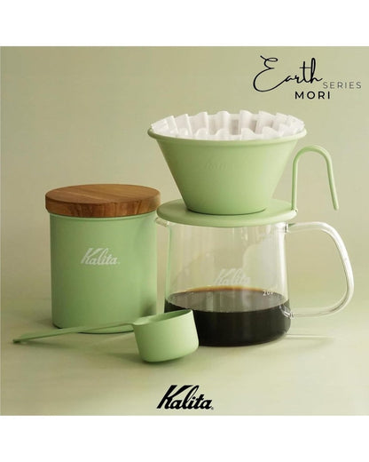 Kalita Earth Series MORI forest-green coffee bean canister, measuring scoop, dripper and coffee server set