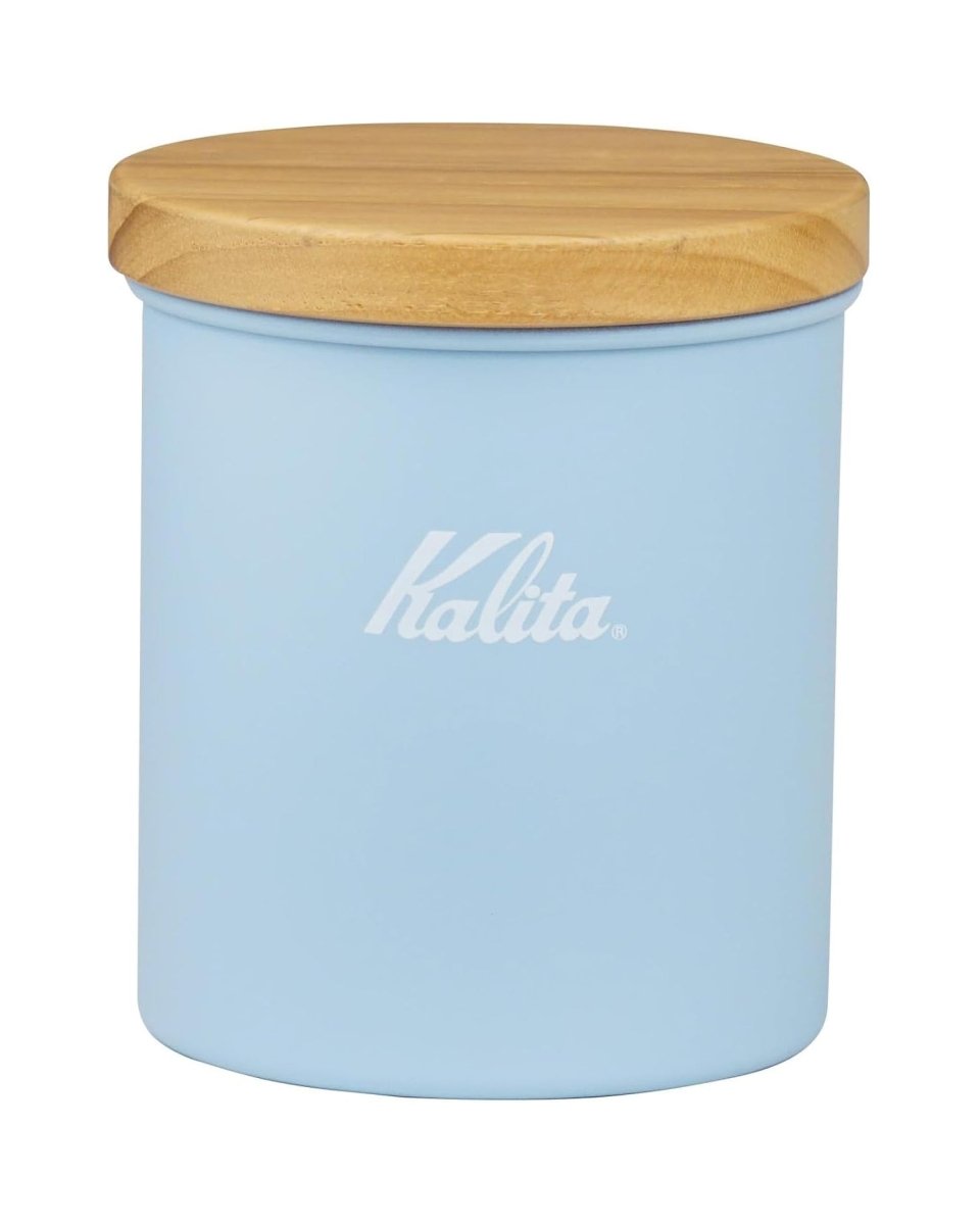 Front view of a Kalita Earth Series SORA sky-blue stainless steel coffee bean canister with a natural wood lid