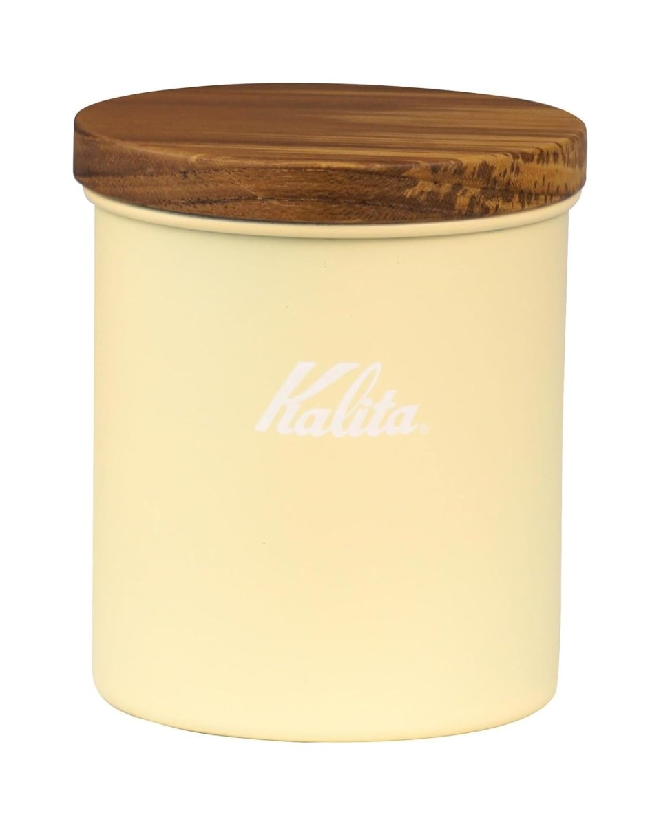 Front view of a Kalita Earth Series SUNA sand-coloured stainless steel coffee bean canister with a natural wood lid