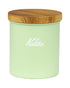Front view of a Kalita Earth Series MORI forest-green stainless steel coffee bean canister with a natural wood lid
