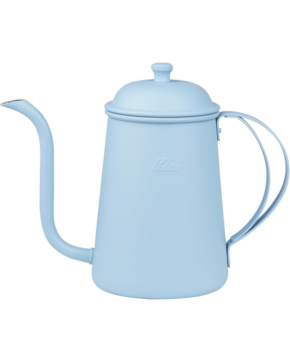 Front view of a Kalita Earth Series SORA sky-blue stainless steel pour-over kettle with a gooseneck spout, lid and curved handle