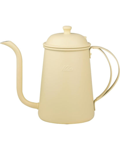 Front view of the Kalita Earth Series SUNA sand-coloured stainless steel pour-over kettle with a gooseneck spout, lid and curved handle