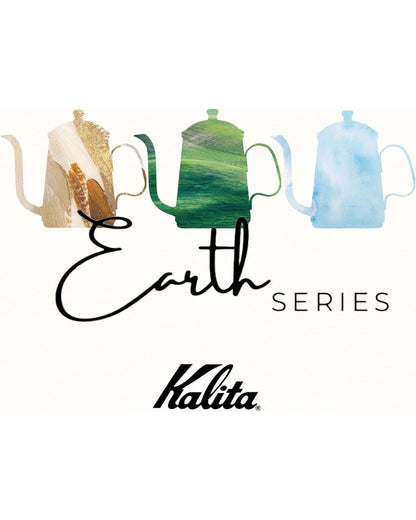 Concept illustration of Kalita Earth Series pour-over kettle silhouettes in three nature-inspired colours: sand, forest and sky