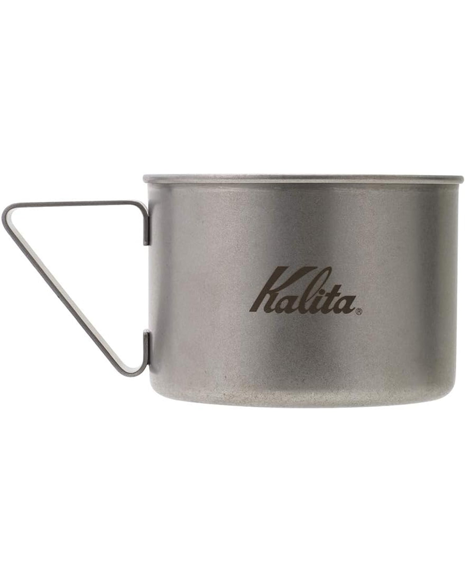 Kalita for Outdoors 370ml 不鏽鋼杯的 Kalita 標誌與金屬手柄側面