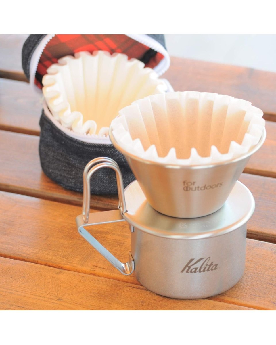 Kalita for Outdoors WDS-185K dripper fitted with a 185 Wave filter, ready for brewing