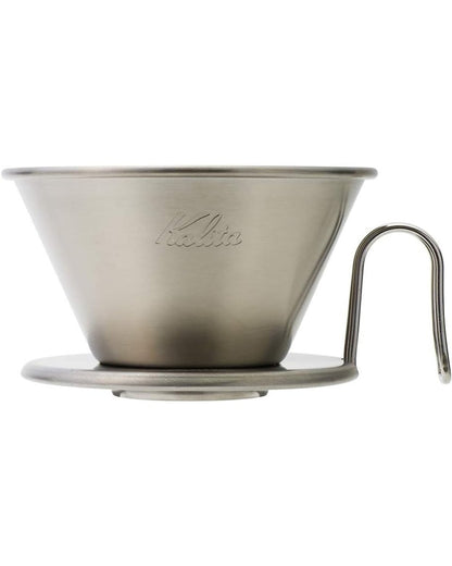 Kalita logo and side profile of a Kalita for Outdoors WDS-185K stainless steel dripper