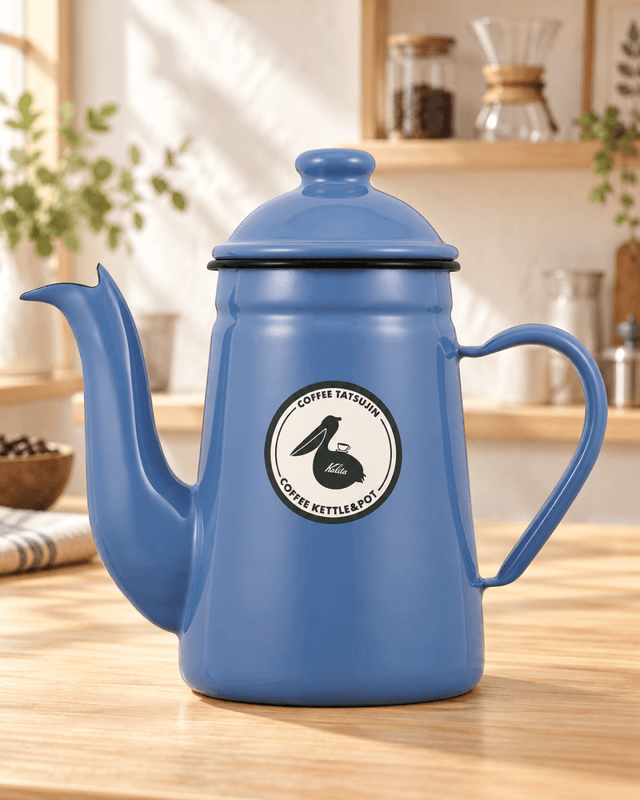 Kalita Coffee Master Pelican 1L blue enamel pour-over kettle in a bright Japanese-style coffee space