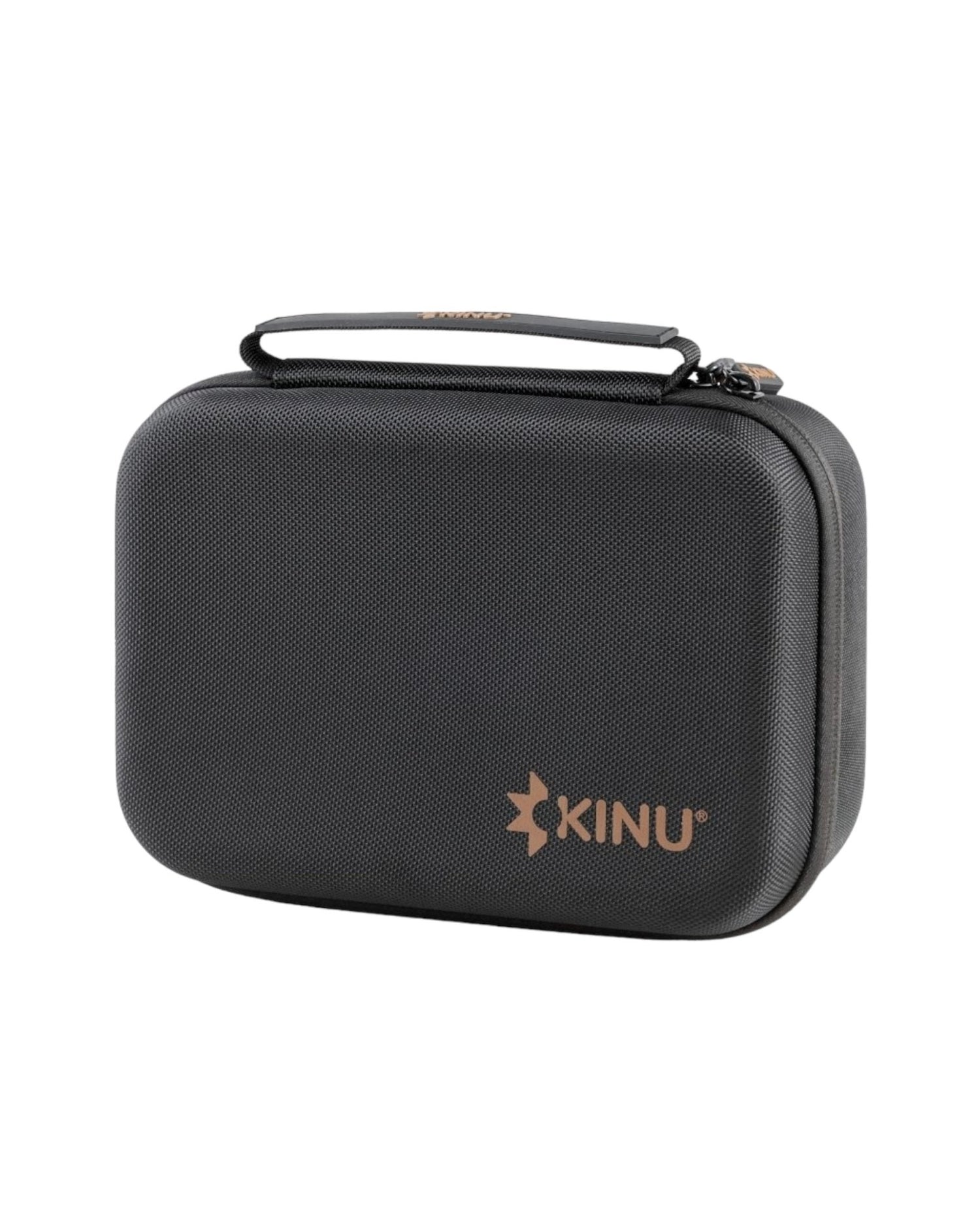 Black protective carrying case for Kinu M47 coffee grinder series with EVA hard shell, dual zippers, and rubber handle, featuring Kinu logo in bronze color