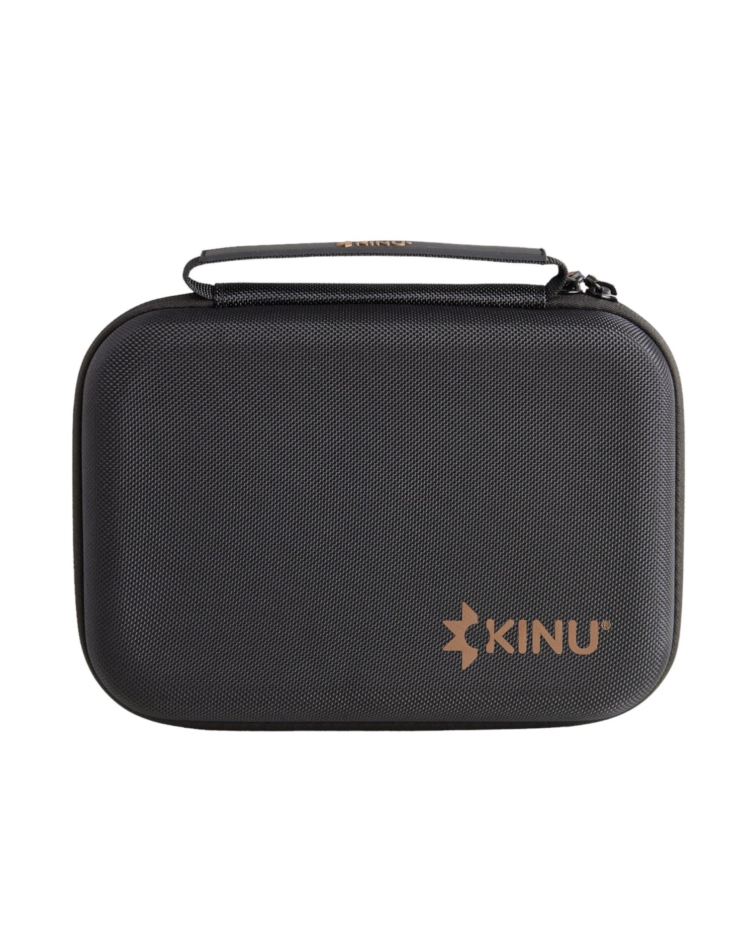 Black EVA hard shell carrying case for Kinu M47 coffee grinder series, featuring gold Kinu logo, rubber handle, and dual zippers for protection and portability during travel or outdoor use