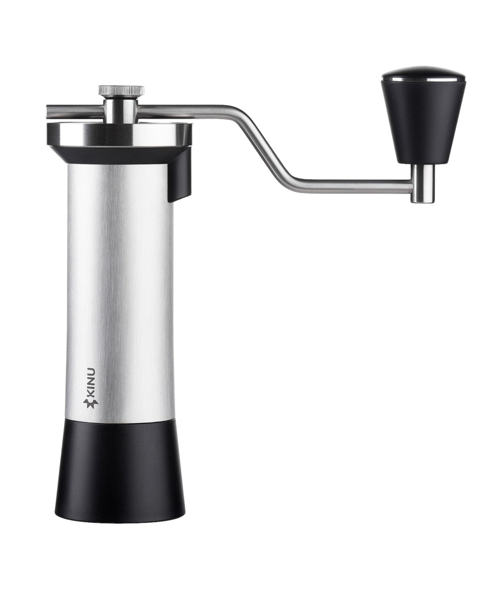 Kinu M47 Classic 2024 manual coffee grinder with stainless steel body, black base, and ergonomic handle. Precision grinding mechanism for professional coffee experience. Compact and portable design for travel use.