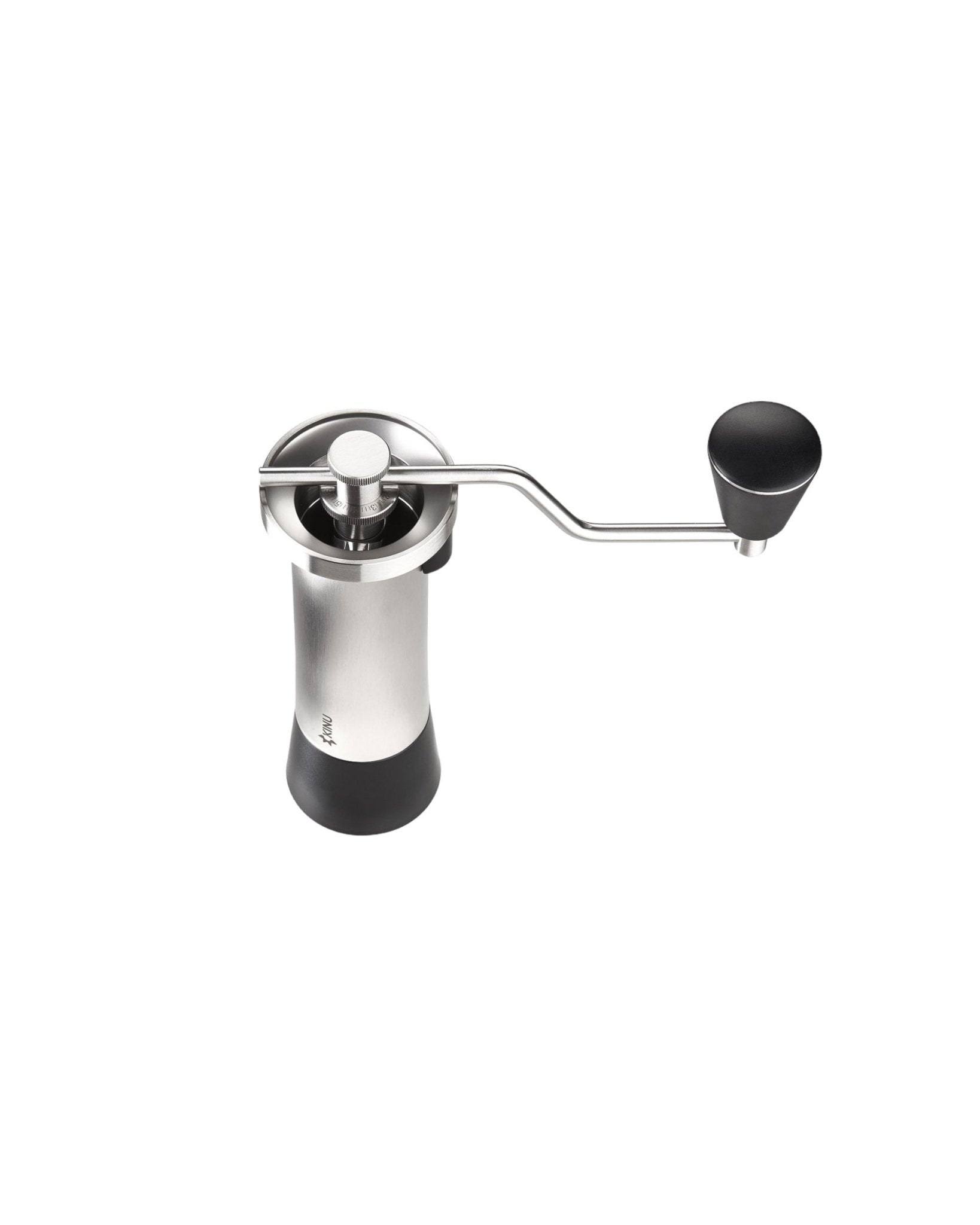 Kinu M47 Classic 2024 manual coffee grinder with stainless steel body, black base, and ergonomic side handle. Precision grinding mechanism visible through top opening. Sleek design for professional coffee experience.