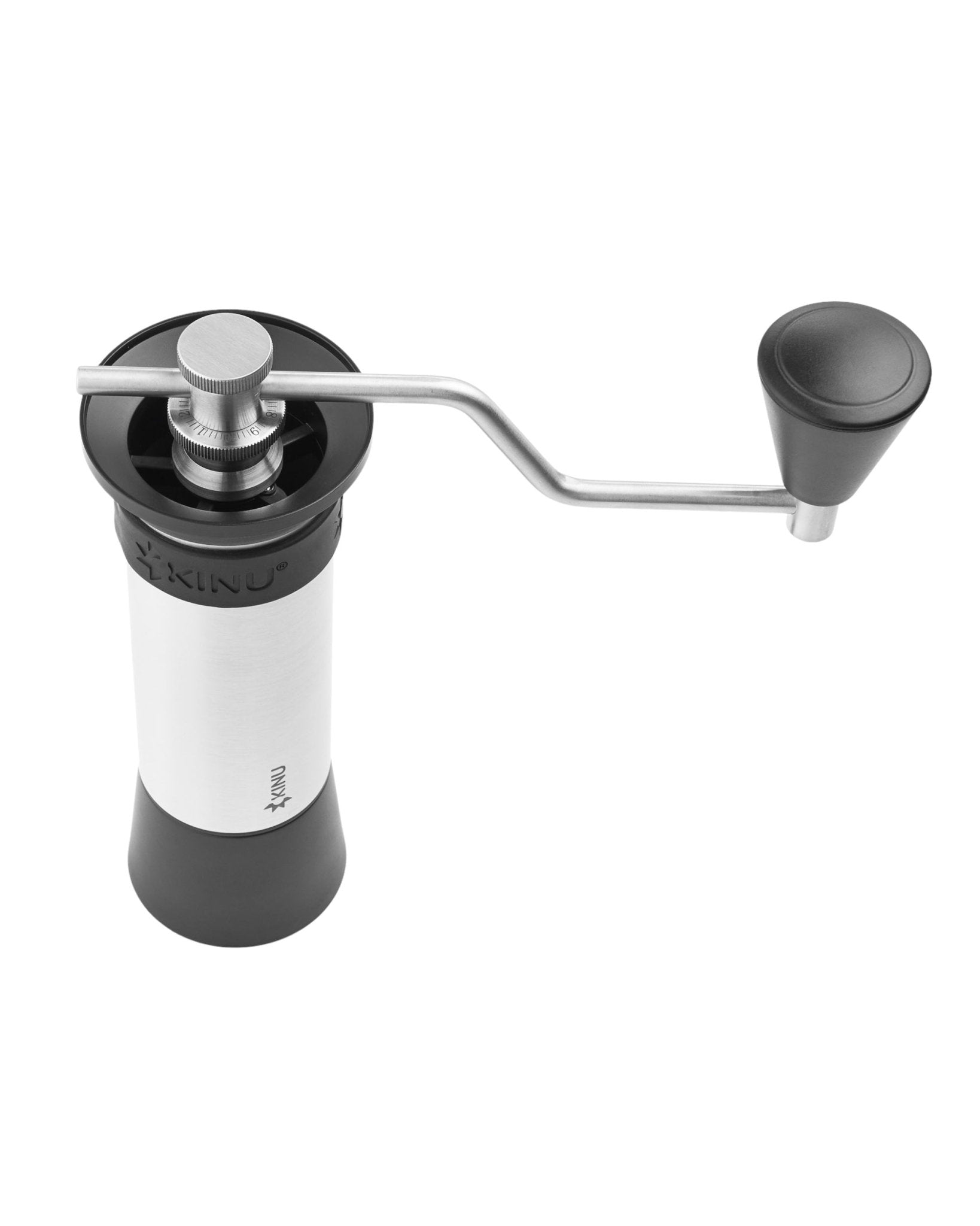 Kinu M47 Phoenix manual coffee grinder with stainless steel body, white and black color scheme, adjustable grind settings, and ergonomic handle for precise grinding and portable use