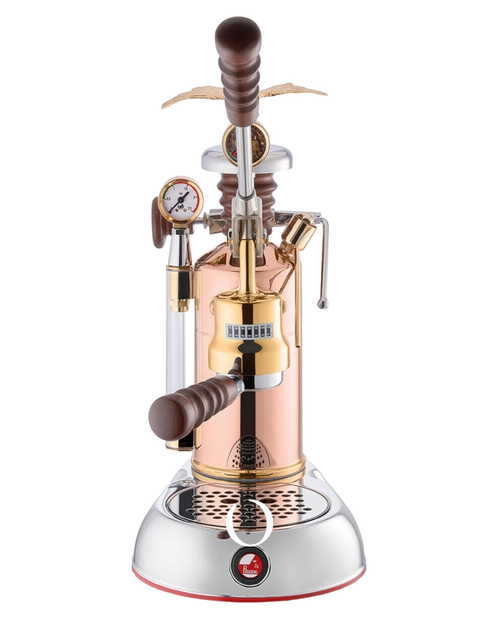 La Pavoni Esperto Edotto espresso machine with copper-colored boiler, wooden handles, pressure gauge, and manual lever for precise extraction control, displayed on a stainless steel base