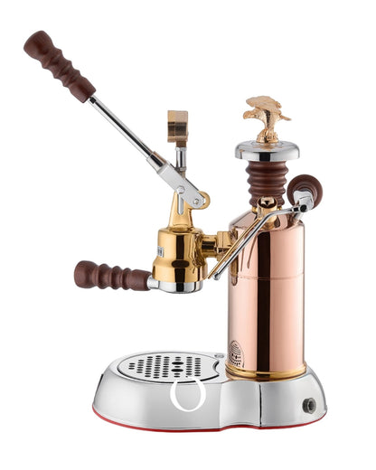 La Pavoni Esperto Edotto espresso machine with copper-colored body, wooden handles, gold accents, and manual lever for precise brewing control, showcasing its premium design and craftsmanship