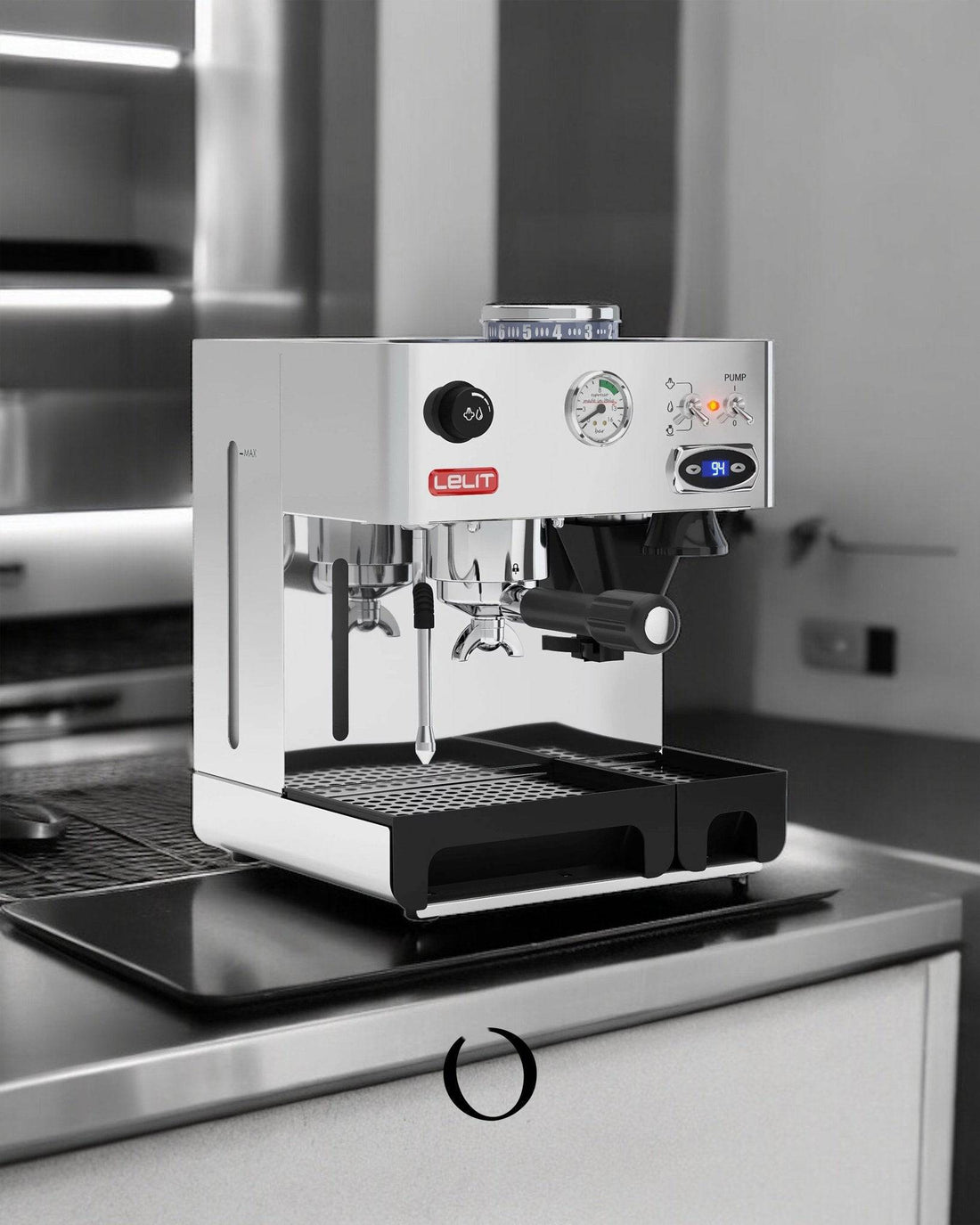 Lelit Anita pl042temd espresso machine with built-in grinder, PID temperature control, pressure gauge, and steam wand on stainless steel countertop in monochrome kitchen setting