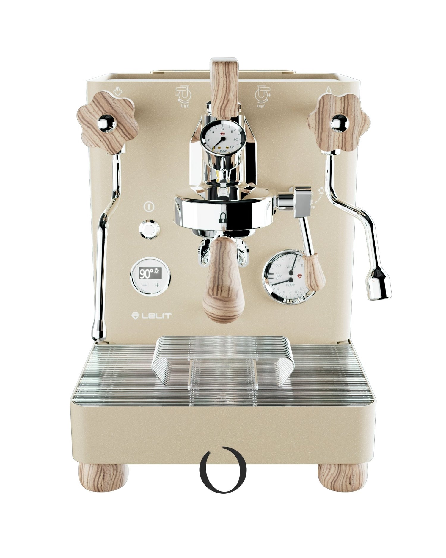 Lelit Bianca V3 gold edition espresso machine with wooden accents, featuring dual boilers, pressure gauge, steam wand, and portafilter on a cream-colored body with stainless steel drip tray