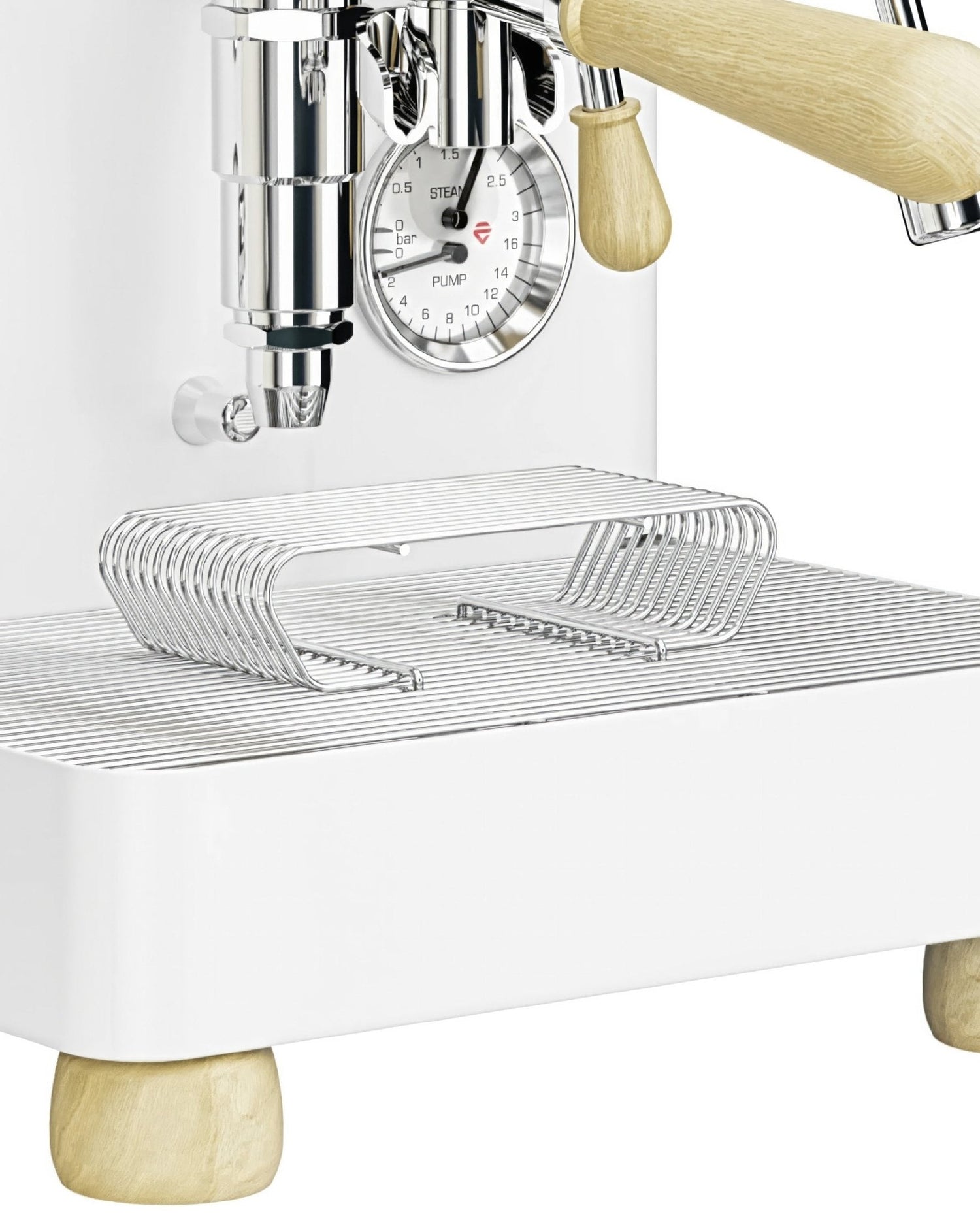 Lelit Bianca V3 espresso machine in white and gold, featuring pressure gauge, wooden accents, and cup warmer rack, showcasing premium design and functionality for coffee enthusiasts.